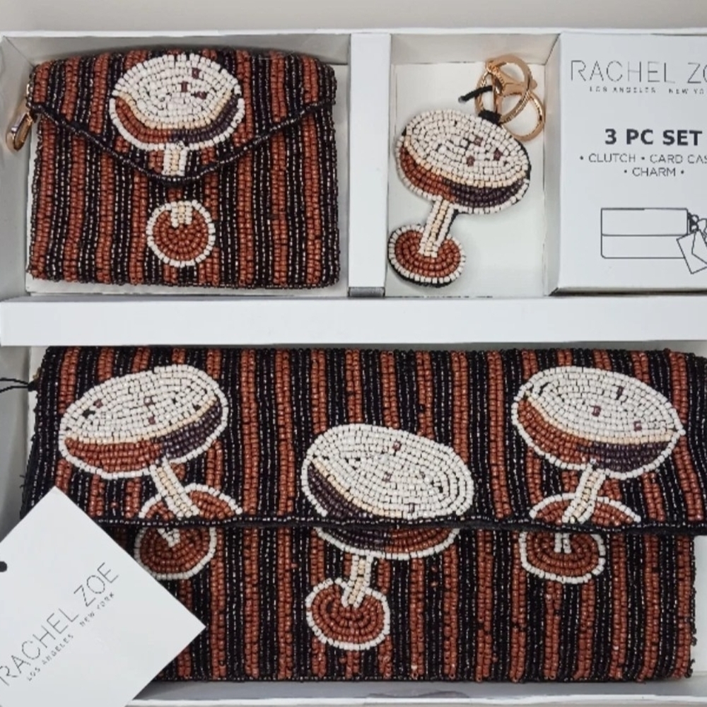 Rachel Zoe 3 Pieces  Beaded Clutch, Card And Charn Set